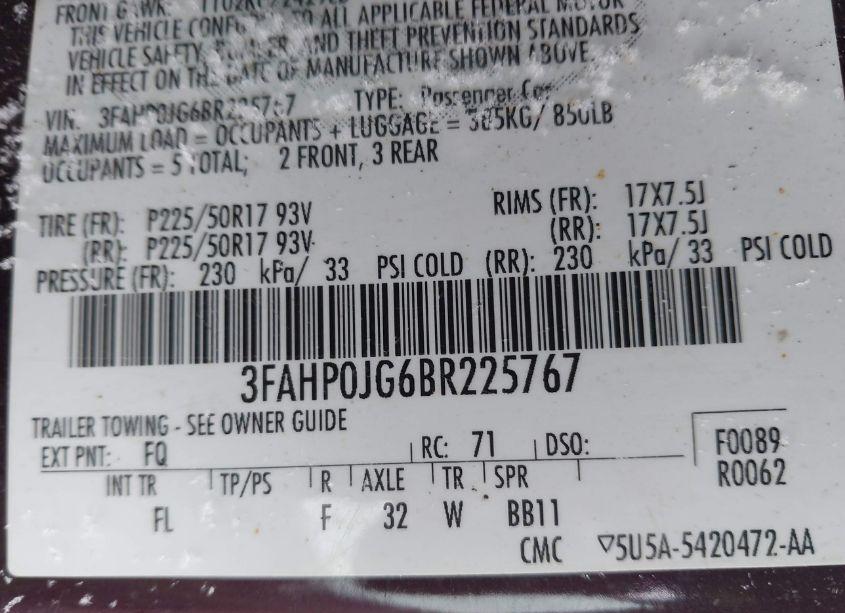 Photo 9 of 2011 Ford Fusion SEL (VIN 3FAHP0JG6BR225767)