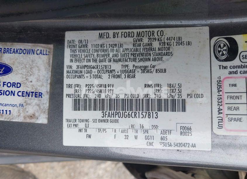 Photo 9 of 2012 Ford Fusion SEL (VIN 3FAHP0JG6CR157813)