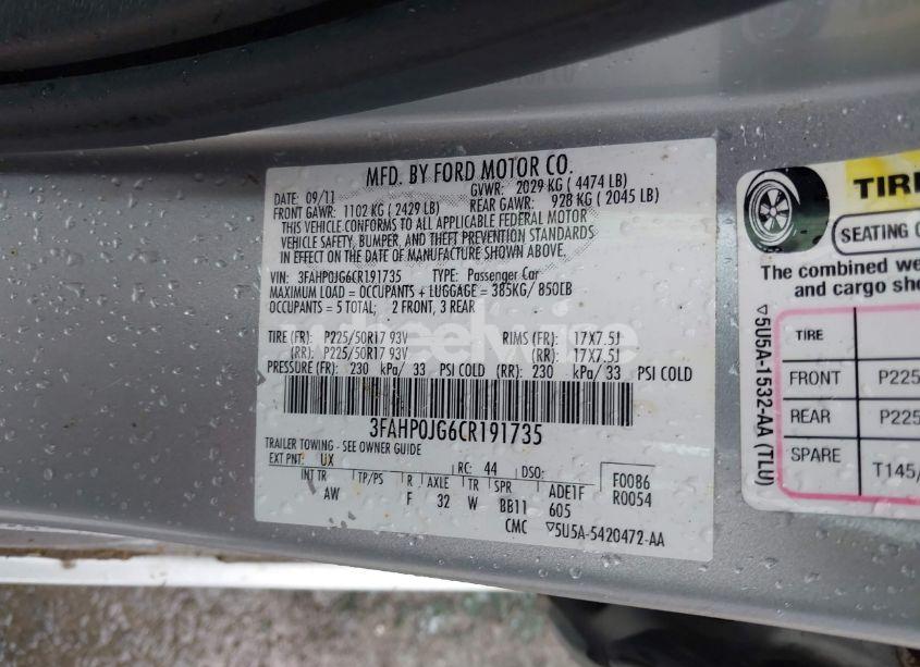Photo 9 of 2012 Ford Fusion SEL (VIN 3FAHP0JG6CR191735)