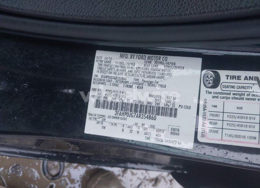 Photo 9 of 2010 Ford Fusion SEL (VIN 3FAHP0JG7AR354860)