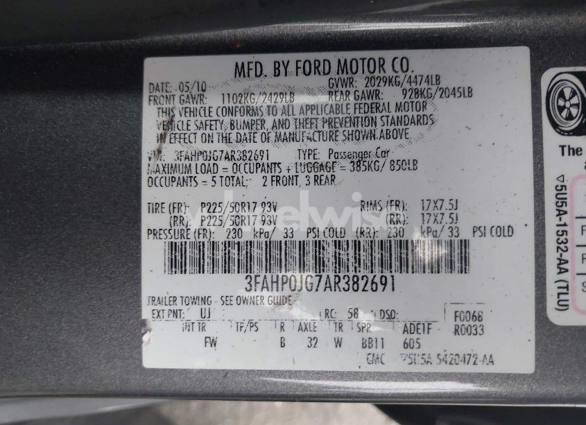 Photo 9 of 2010 Ford Fusion SEL (VIN 3FAHP0JG7AR382691)