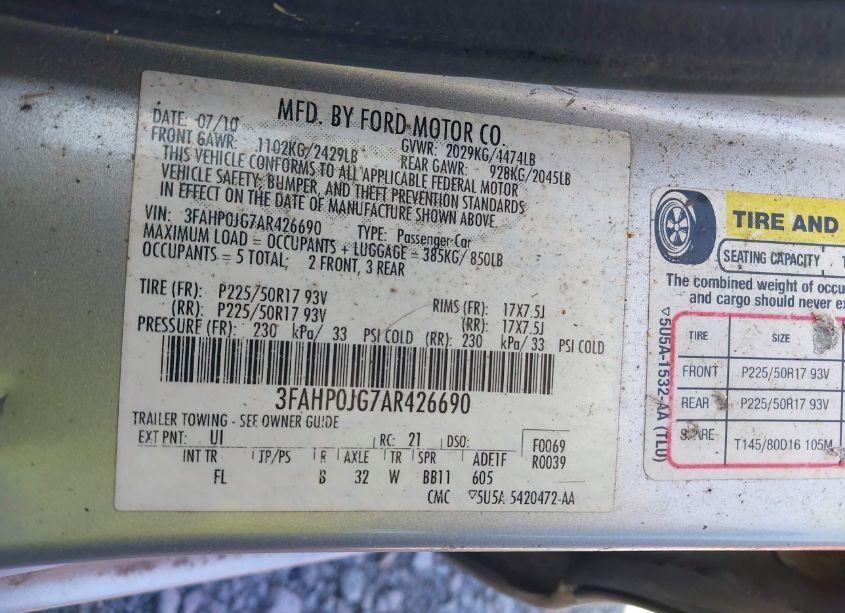 Photo 9 of 2010 Ford Fusion SEL (VIN 3FAHP0JG7AR426690)