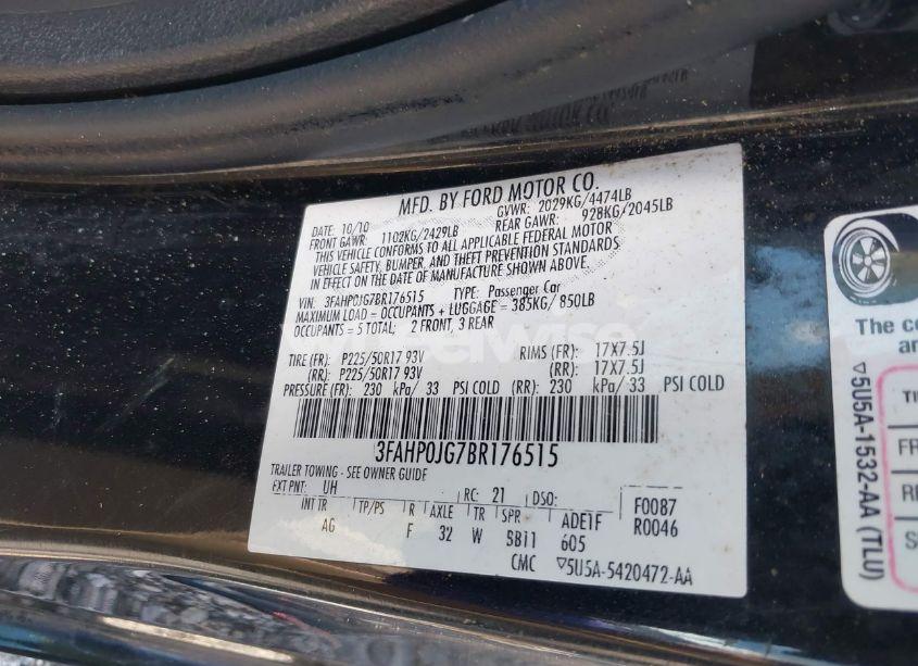 Photo 9 of 2011 Ford Fusion SEL (VIN 3FAHP0JG7BR176515)