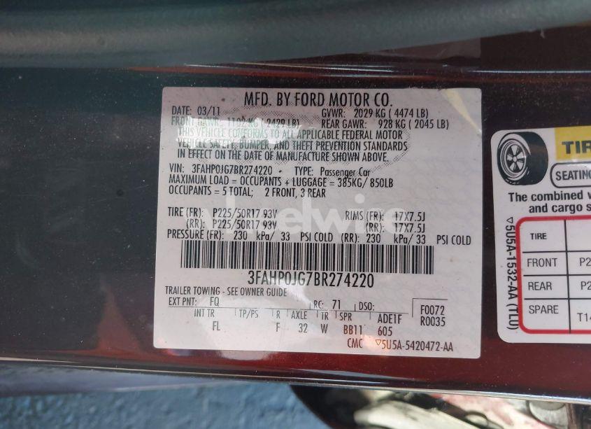 Photo 9 of 2011 Ford Fusion SEL (VIN 3FAHP0JG7BR274220)