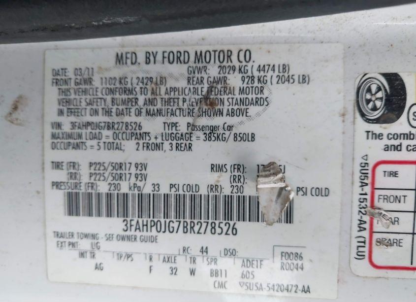 Photo 9 of 2011 Ford Fusion SEL (VIN 3FAHP0JG7BR278526)