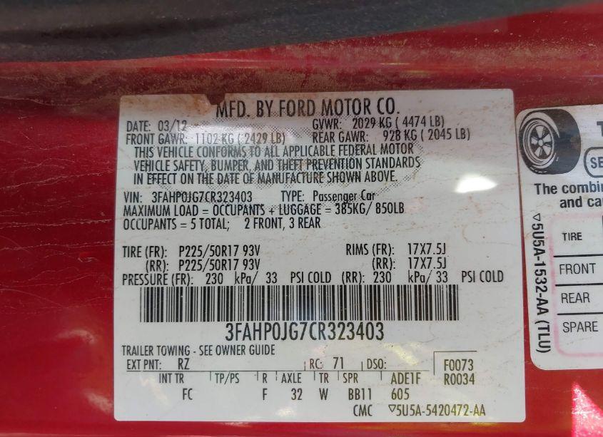 Photo 9 of 2012 Ford Fusion SEL (VIN 3FAHP0JG7CR323403)