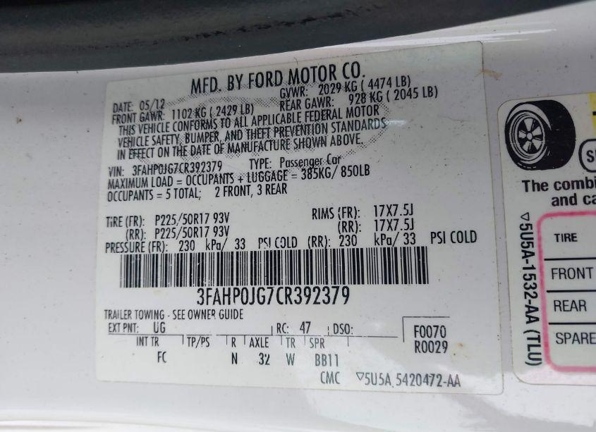 Photo 9 of 2012 Ford Fusion SEL (VIN 3FAHP0JG7CR392379)