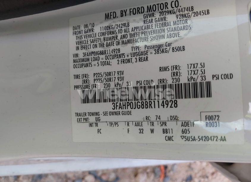 Photo 9 of 2011 Ford Fusion SEL (VIN 3FAHP0JG8BR114928)