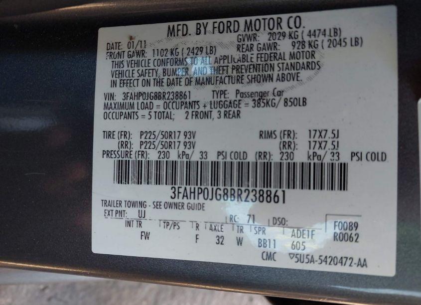 Photo 9 of 2011 Ford Fusion SEL (VIN 3FAHP0JG8BR238861)