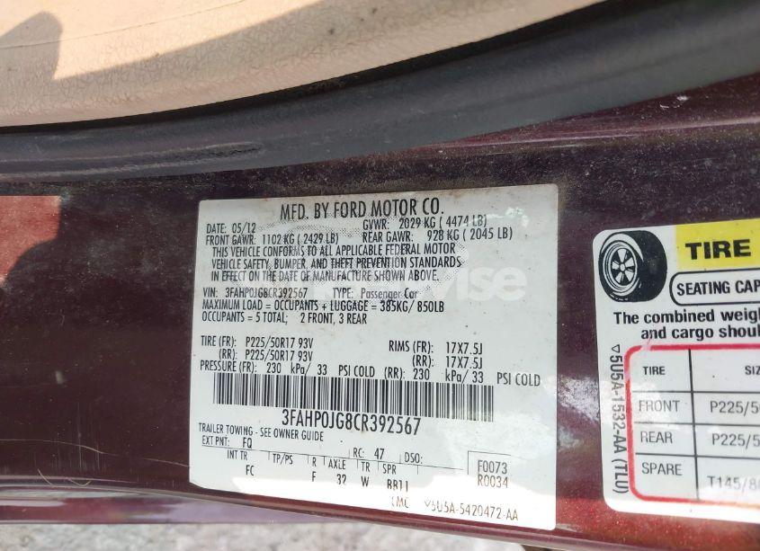 Photo 9 of 2012 Ford Fusion SEL (VIN 3FAHP0JG8CR392567)