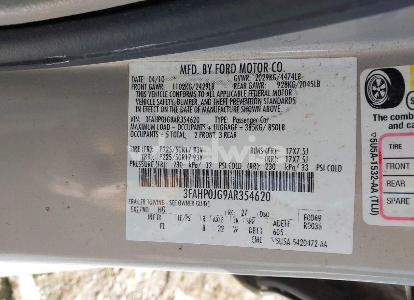 Photo 9 of 2010 Ford Fusion SEL (VIN 3FAHP0JG9AR354620)