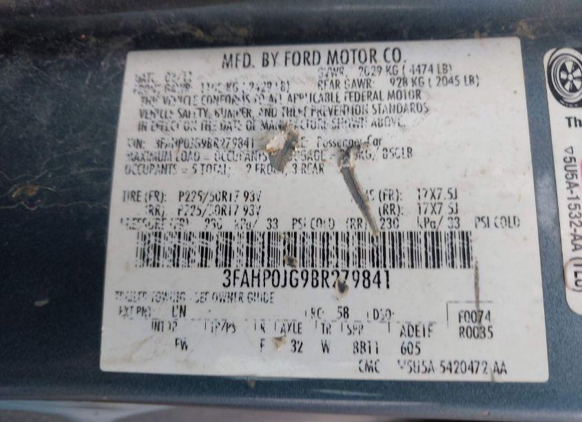 Photo 9 of 2011 Ford Fusion SEL (VIN 3FAHP0JG9BR279841)