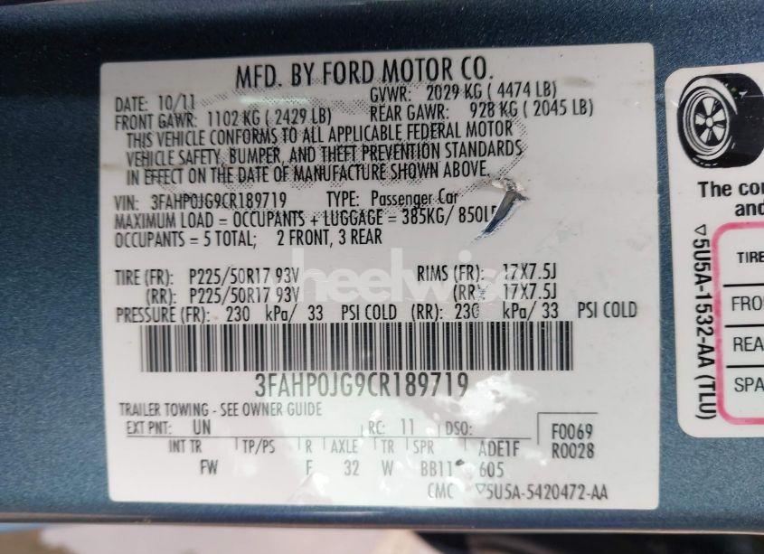 Photo 9 of 2012 Ford Fusion SEL (VIN 3FAHP0JG9CR189719)