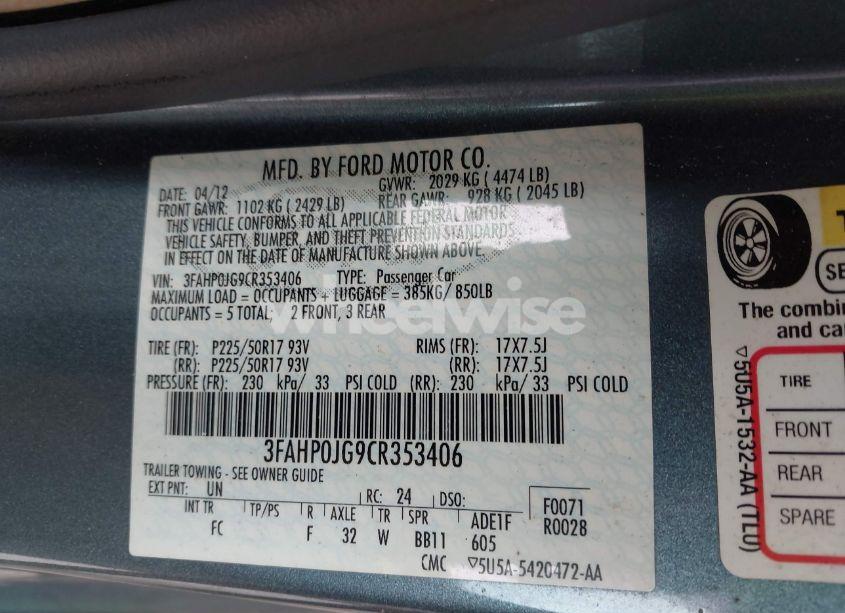 Photo 9 of 2012 Ford Fusion SEL (VIN 3FAHP0JG9CR353406)