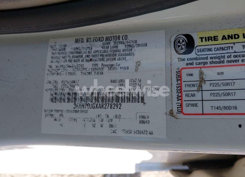 Photo 9 of 2010 Ford Fusion SEL (VIN 3FAHP0JGXAR278292)
