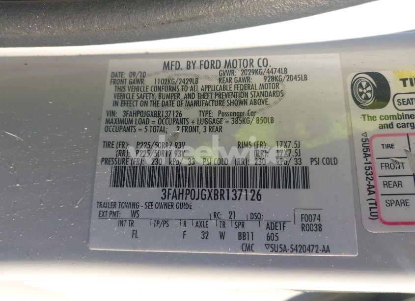 Photo 9 of 2011 Ford Fusion SEL (VIN 3FAHP0JGXBR137126)