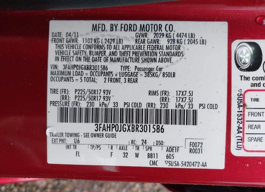 Photo 9 of 2011 Ford Fusion SEL (VIN 3FAHP0JGXBR301586)