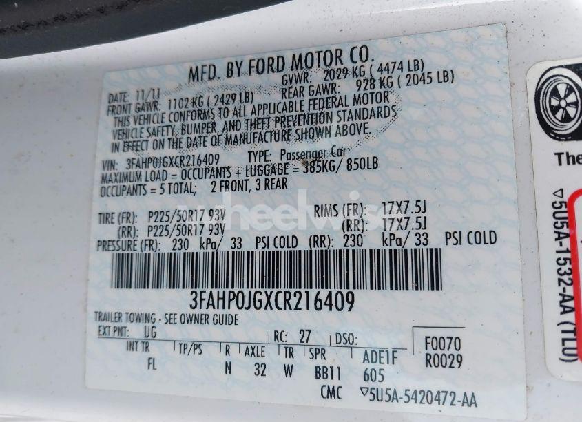 Photo 9 of 2012 Ford Fusion SEL (VIN 3FAHP0JGXCR216409)