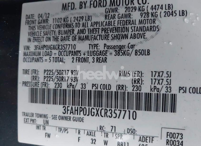 Photo 9 of 2012 Ford Fusion SEL (VIN 3FAHP0JGXCR357710)