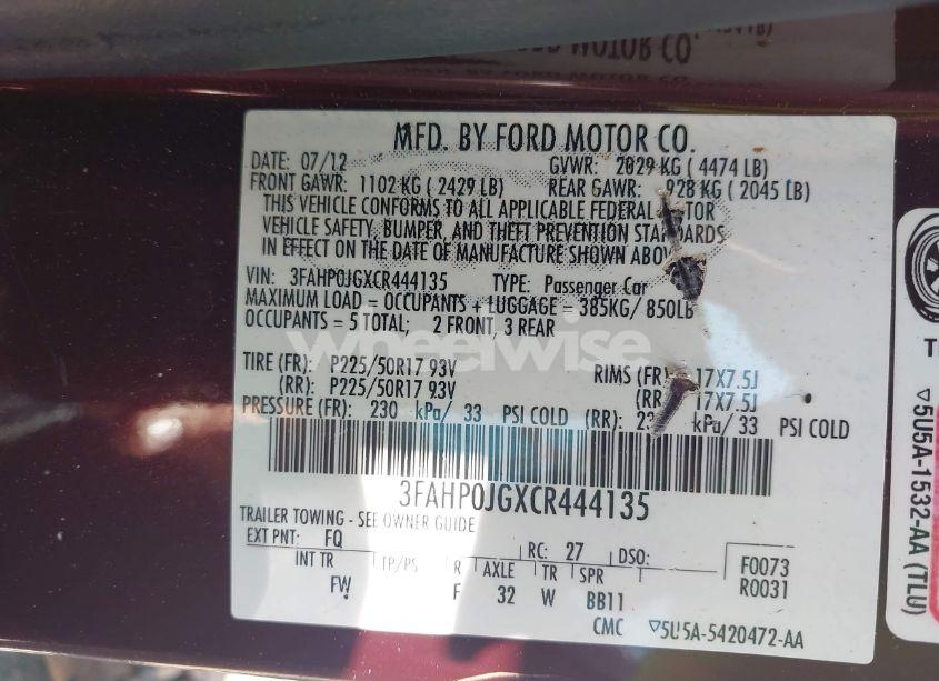 Photo 9 of 2012 Ford Fusion SEL (VIN 3FAHP0JGXCR444135)