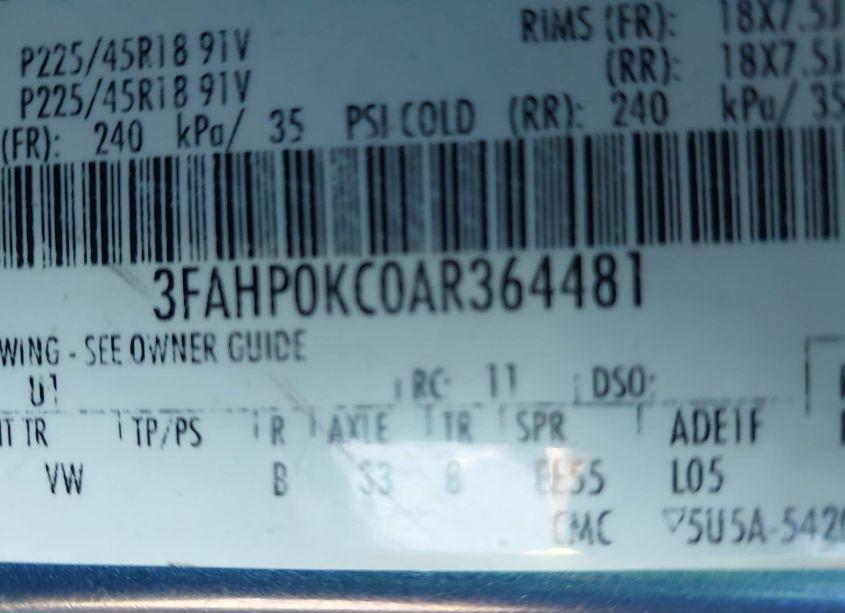 Photo 9 of 2010 Ford Fusion SPORT (VIN 3FAHP0KC0AR364481)