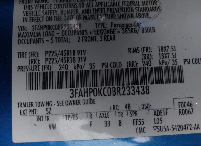 Photo 9 of 2011 Ford Fusion SPORT (VIN 3FAHP0KC0BR233438)