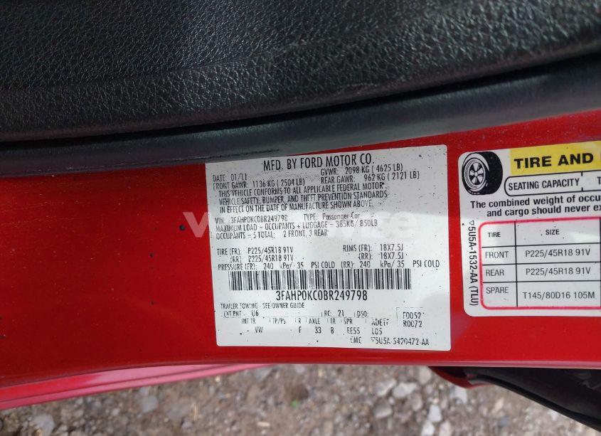 Photo 9 of 2011 Ford Fusion SPORT (VIN 3FAHP0KC0BR249798)