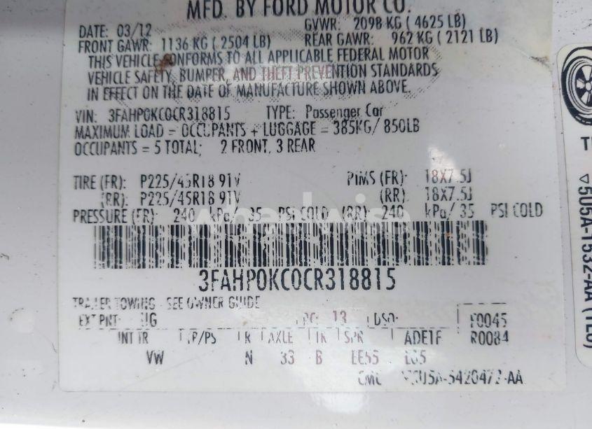 Photo 9 of 2012 Ford Fusion SPORT (VIN 3FAHP0KC0CR318815)