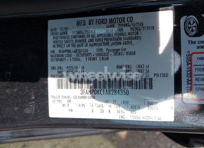 Photo 9 of 2010 Ford Fusion SPORT (VIN 3FAHP0KC1AR284350)