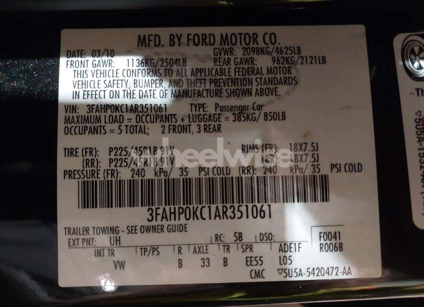 Photo 9 of 2010 Ford Fusion SPORT (VIN 3FAHP0KC1AR351061)