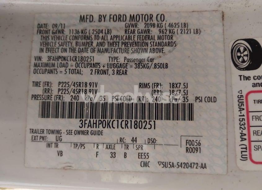 Photo 9 of 2012 Ford Fusion SPORT (VIN 3FAHP0KC1CR180251)