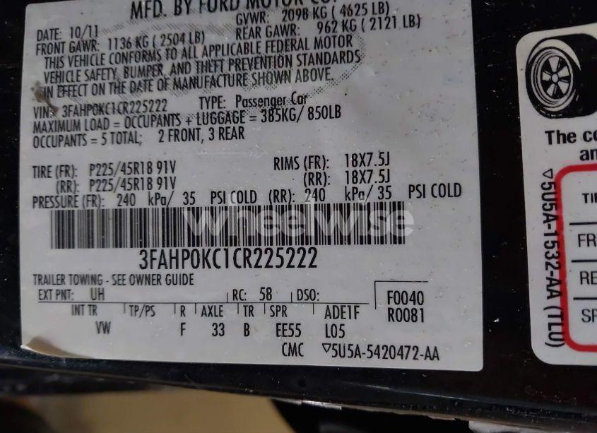 Photo 9 of 2012 Ford Fusion SPORT (VIN 3FAHP0KC1CR225222)