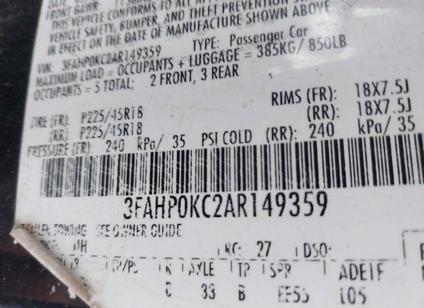 Photo 9 of 2010 Ford Fusion SPORT (VIN 3FAHP0KC2AR149359)