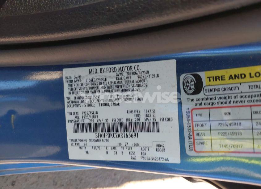 Photo 9 of 2010 Ford Fusion SPORT (VIN 3FAHP0KC2AR165691)