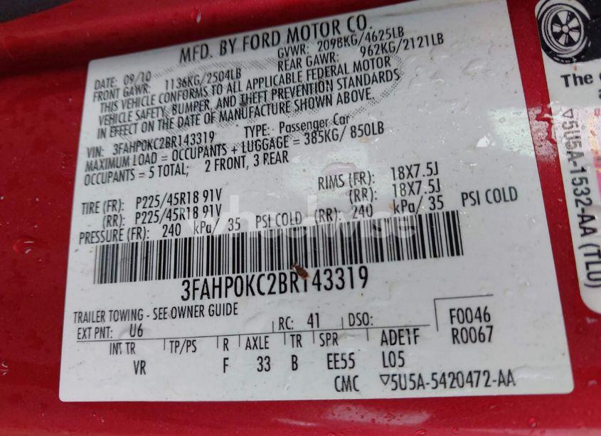 Photo 9 of 2011 Ford Fusion SPORT (VIN 3FAHP0KC2BR143319)