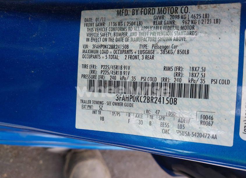 Photo 9 of 2011 Ford Fusion SPORT (VIN 3FAHP0KC2BR241508)