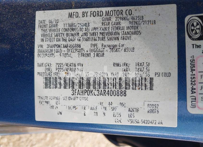 Photo 9 of 2010 Ford Fusion SPORT (VIN 3FAHP0KC3AR400888)