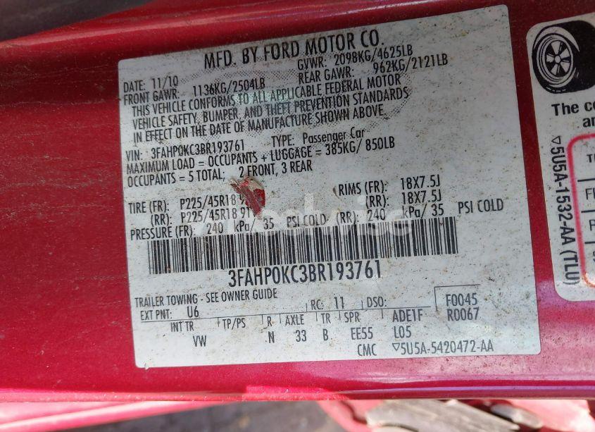 Photo 9 of 2011 Ford Fusion SPORT (VIN 3FAHP0KC3BR193761)