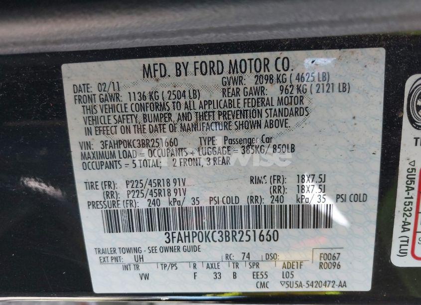 Photo 9 of 2011 Ford Fusion SPORT (VIN 3FAHP0KC3BR251660)