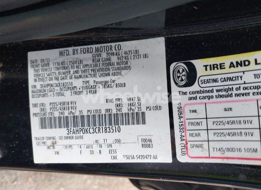 Photo 9 of 2012 Ford Fusion SPORT (VIN 3FAHP0KC3CR183510)