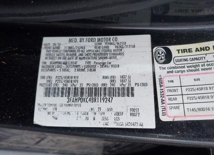 Photo 9 of 2011 Ford Fusion SPORT (VIN 3FAHP0KC4BR119247)