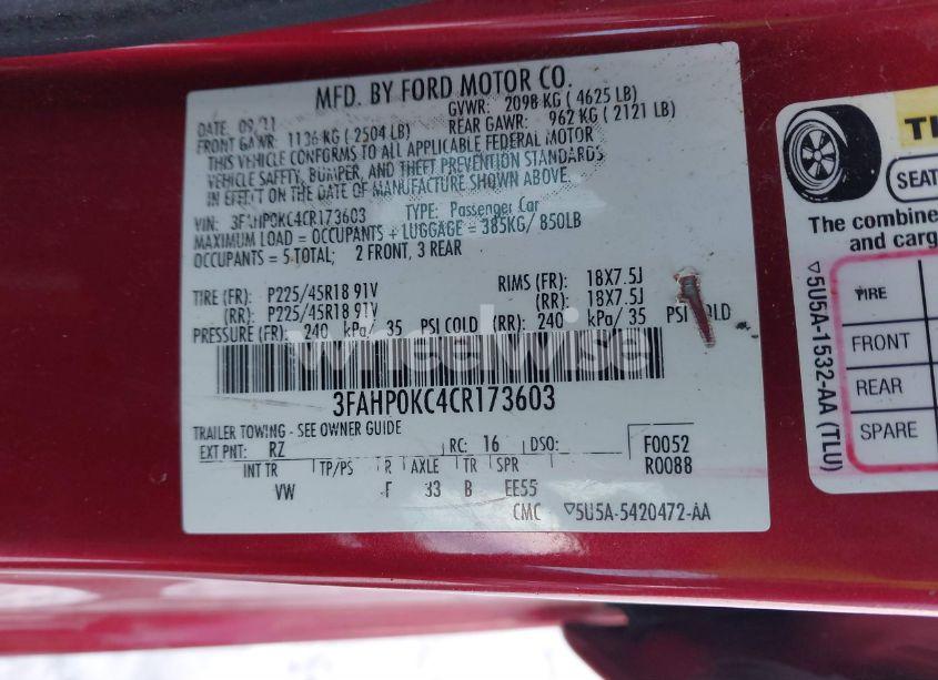 Photo 9 of 2012 Ford Fusion SPORT (VIN 3FAHP0KC4CR173603)