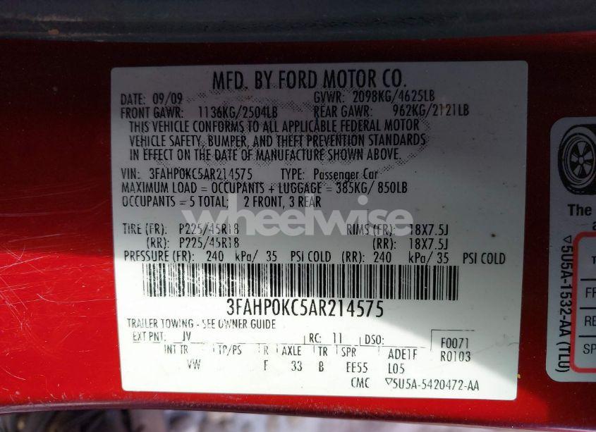 Photo 9 of 2010 Ford Fusion SPORT (VIN 3FAHP0KC5AR214575)