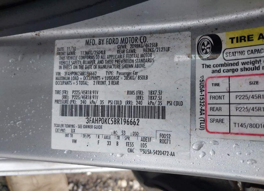 Photo 9 of 2011 Ford Fusion SPORT (VIN 3FAHP0KC5BR196662)