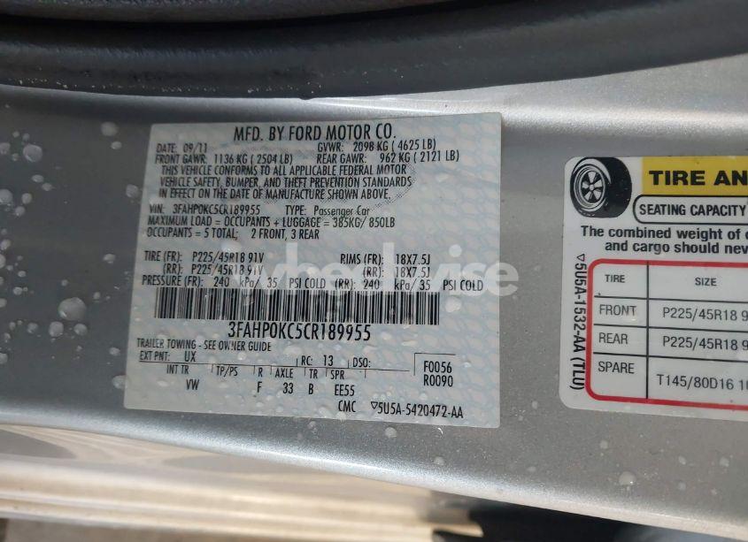 Photo 9 of 2012 Ford Fusion SPORT (VIN 3FAHP0KC5CR189955)