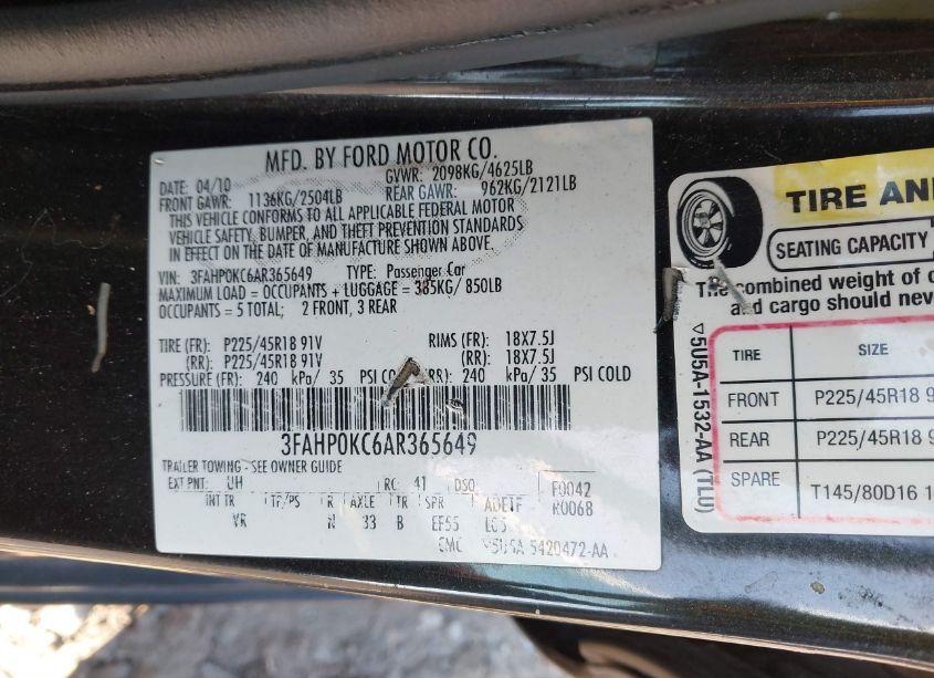 Photo 9 of 2010 Ford Fusion SPORT (VIN 3FAHP0KC6AR365649)