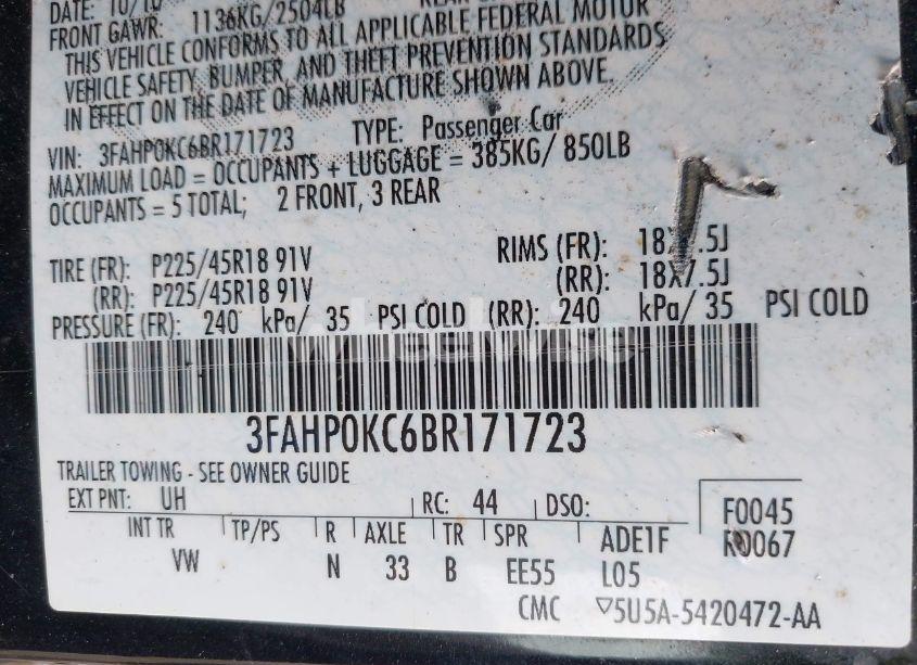 Photo 9 of 2011 Ford Fusion SPORT (VIN 3FAHP0KC6BR171723)