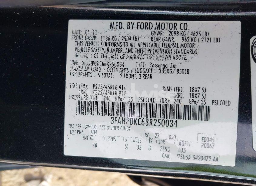 Photo 9 of 2011 Ford Fusion SPORT (VIN 3FAHP0KC6BR250034)