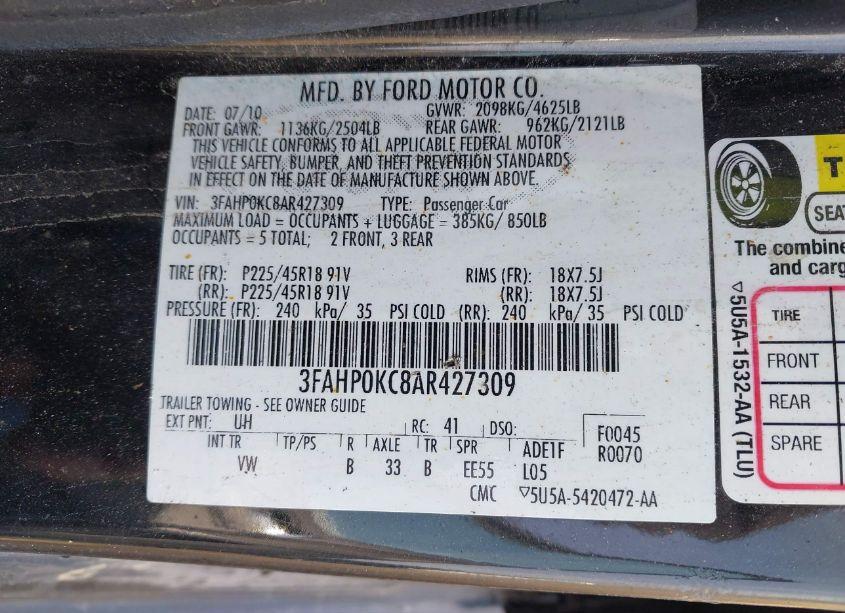 Photo 9 of 2010 Ford Fusion SPORT (VIN 3FAHP0KC8AR427309)