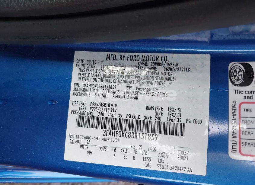 Photo 9 of 2011 Ford Fusion SPORT (VIN 3FAHP0KC8BR151859)
